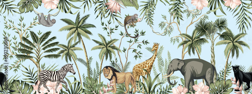 African elephant, lion, giraffe, panther, zebra, monkey, sloth, palms, banana trees, palm leaves, hibiscus flower mural. Jungle landscape.