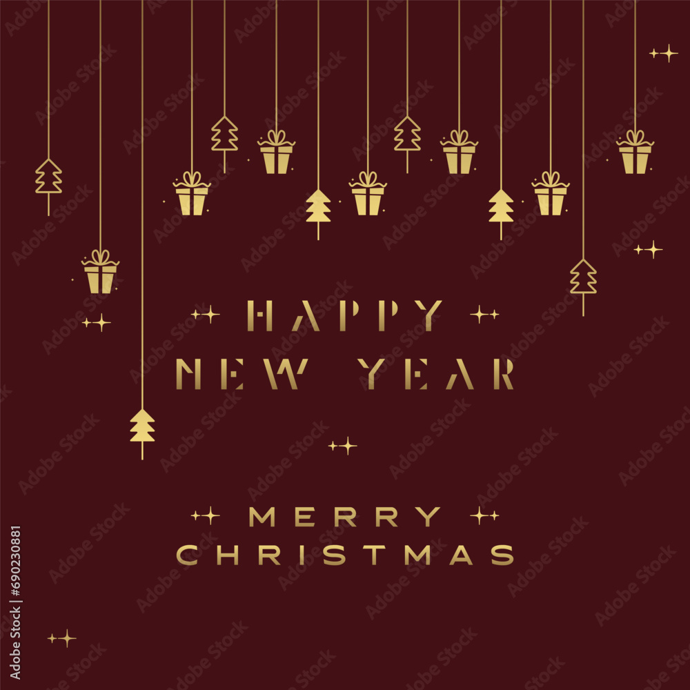 Hanging Christmas icons and new year greetings. Holiday christmas decoration.Christmas and New Year seamless banner or border.