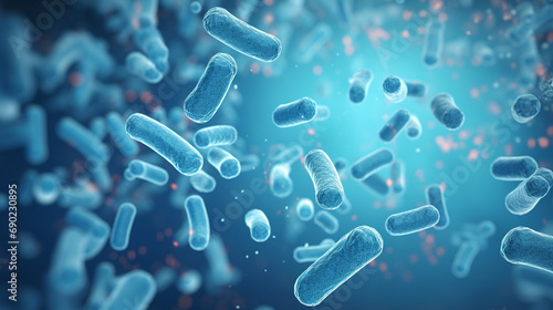 Lactic Acid Bacteria Genome Database, Light blue theme showcasing Lactobacillus and Bifidobacterium under microscope with flying capsule molecules, AI Generated photo