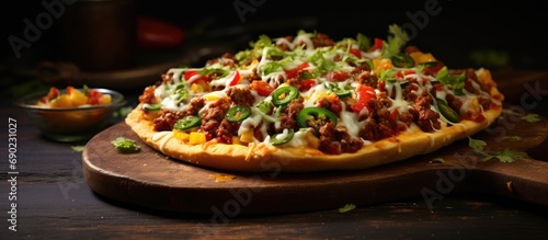 Homemade Spicy Mexican Taco PIzza with Cilantro and Chorizo. Website header. Creative Banner. Copyspace image
