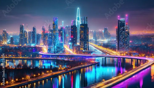 futuristic city with advanced structures and neon-colored roads; night view, lights reflected in the river surface of a large metropolis