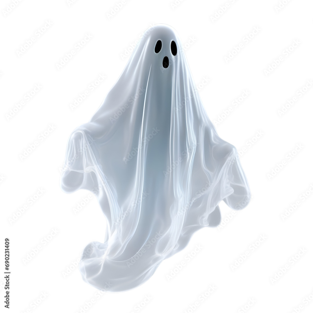 A close-up image of a ghost. A translucent scary ghost floats in the air. 