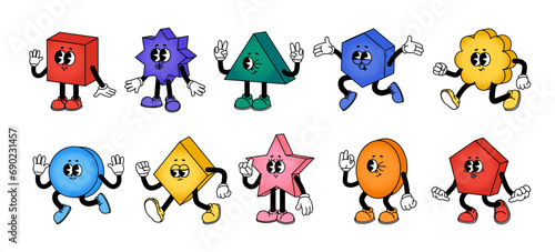 Retro abstract characters. Cartoon funny geometric shapes with hands and legs. Comic geometry figures walking, jumping. Groovy star, square and triangle. Vector set