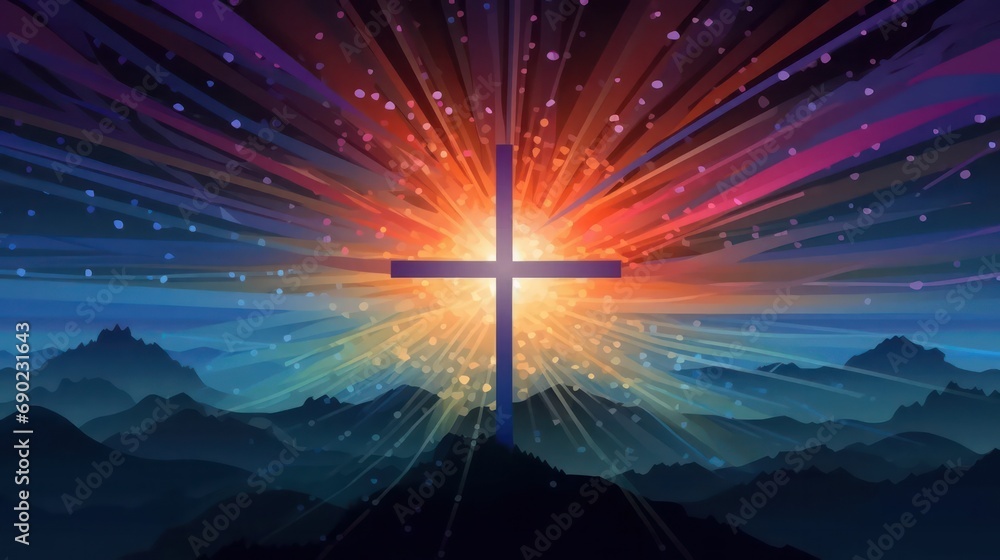 Silhouette of Cross with Background of Glowing Colorful Lights