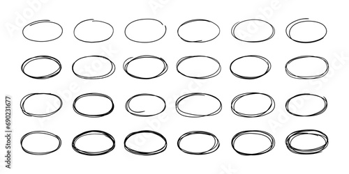 Sketch oval frame. Hand drawn round shape, doodle highlight notes. Grunge brush ellipse, pencil bubble speech. Selection important text frames, isolated vector set