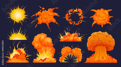 Bomb explosion. Cartoon dynamite explosions effect, fire and explosive clouds. Destruction bombs flame. Comic danger boom clouds for digital game. Vector set photo