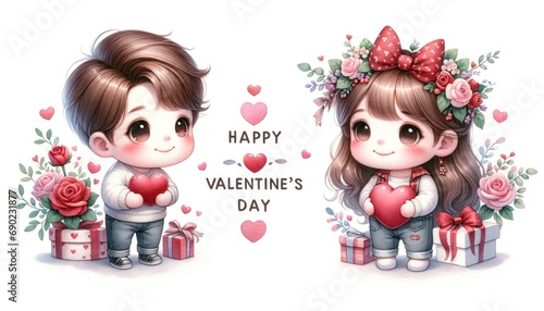 Adorable Cartoon Cute Couple Celebrating Valentine's Day. Watercolor illustration with two cute cartoon boy and girl holding gifts and hearts, festive Valentines Day greeting card. © irissca