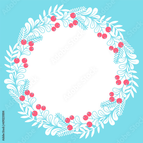 Hand drawn vector illustration. Christmas card with round stylized mistletoe wreath with copy space for text