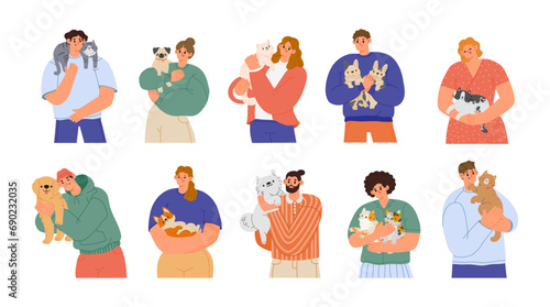 Cartoon people with pets. Men and women holding cute cats, person hugging dogs, owners playing with animals on white background. Vector set
