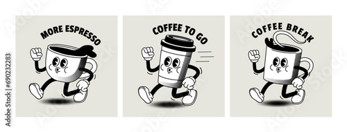 Cartoon coffee character. Comic vintage style coffee to go poster. Retro concept with breakfast drinks in cup for cafe. Walking mascot cappuccino take away. Vector illustration photo
