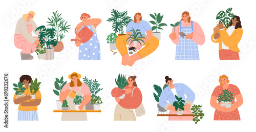 Girls takes care houseplants. Young woman watering interior indoor green plants in pot. Lady growing home potted flowers in pots. Vector set