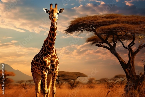 Africa background, giraffe in the savannah, tree in the savannah. create using a generative AI tool 