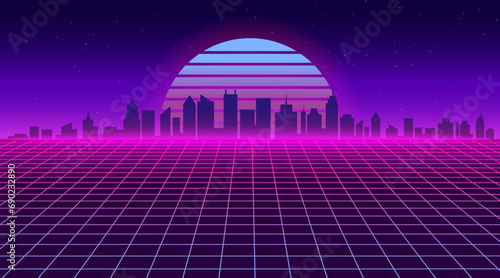 Futuristic city landscape. Retro 80s grid background with skyscrapers. 1980s neon game wireframe wallpaper. Sunset city backdrop with building silhouettes. Vector illustration