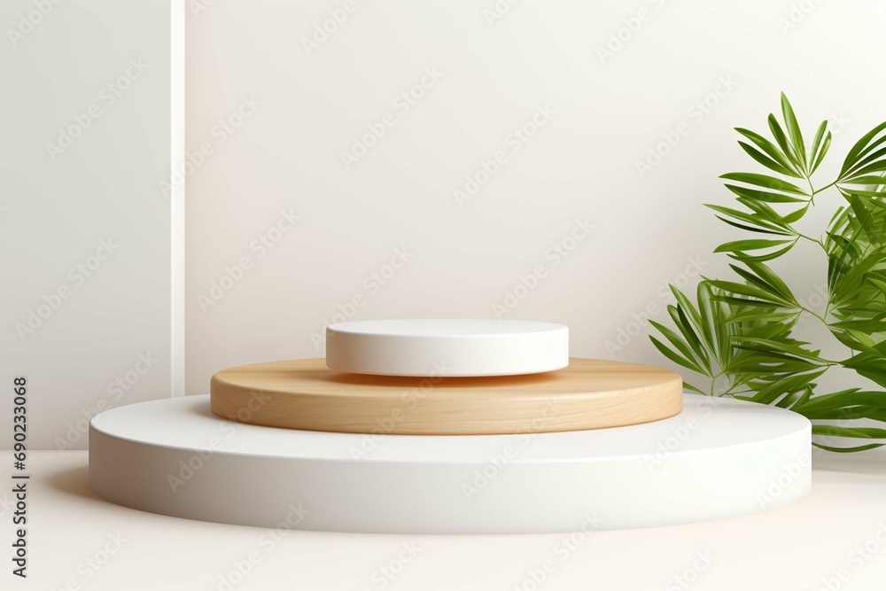 Abstract minimal scene with geometric forms. wood podium in white background with leaves. product presentation, mock up, show cosmetic product display. create using a generative AI tool 