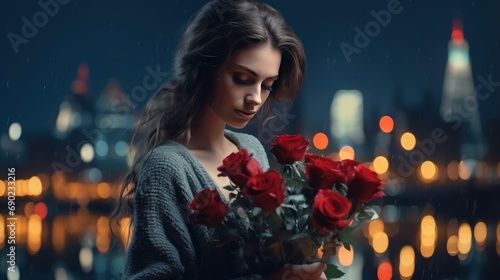 A girl holds a bouquet of flowers on Valentine's Day February 14 or March 8, beautiful blurred night city in the background.