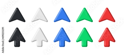 3d arrows. Realistic device multicolor pointers, 3d mouse cursor ui icons. Black and white, red and blue, green arrow interface symbols isolated vector set photo