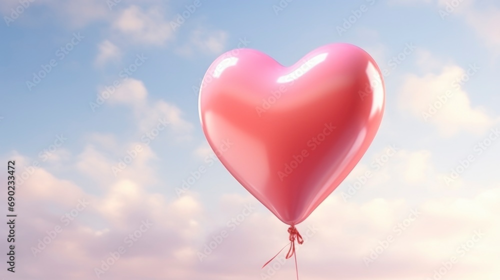 Big pink heart-shaped balloon on the sky, empty space place for text.