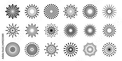 Firework icons. Radial firework explosions, celebration salute. Diwali, Christmas and Independence Day festive bursting light elements. Vector silhouettes set