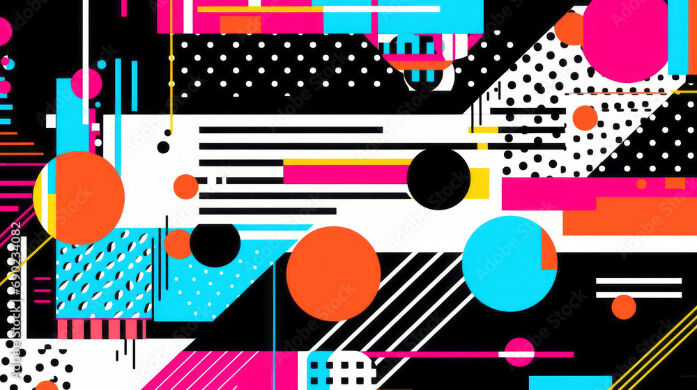 Obraz premium Abstract background with geometric shapes, lines, circles, dots. Memphis style. Swiss aesthetic