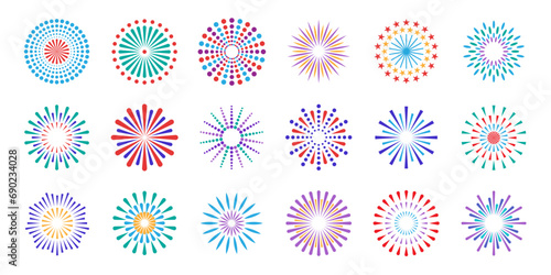 Colorful firework. Fireworks explosions, festival salute. Christmas, Independence Day and Happy New Year festive bursting sparkles. Vector icons for celebration banner