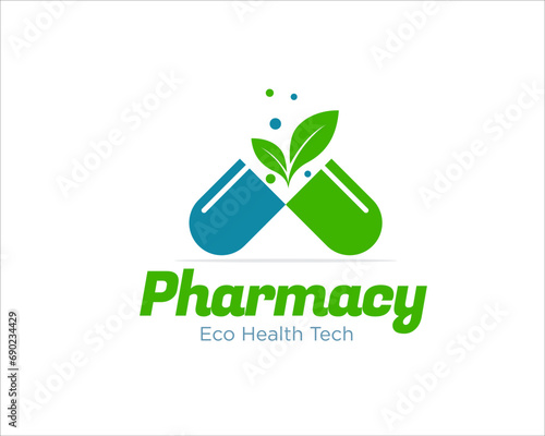 eco pharmacy logo designs with pill and leaf figure for medical service