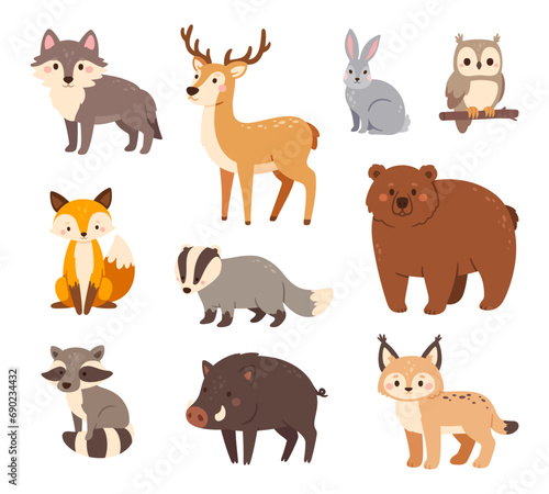 Forest animals. Cute woodland raccoon, owl and bear, fox and hare, wolf and boar, lynx and deer, badger. Happy kid animal characters vector set