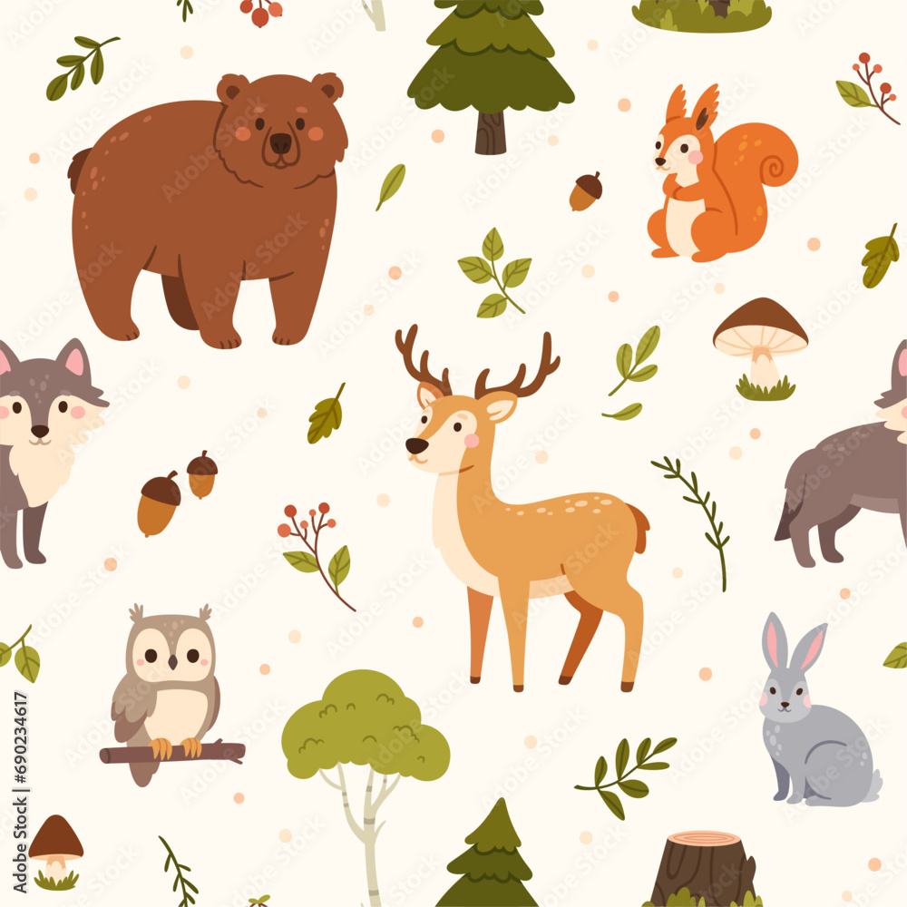 Naklejka premium Forest animals seamless pattern. Woodland deer, hare and bear, wolf and owl, squirrel and mushrooms, acorns and green leaves, trees. Vector texture for kids wallpaper