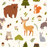 Forest animals seamless pattern. Woodland deer, hare and bear, wolf and owl, squirrel and mushrooms, acorns and green leaves, trees. Vector texture for kids wallpaper