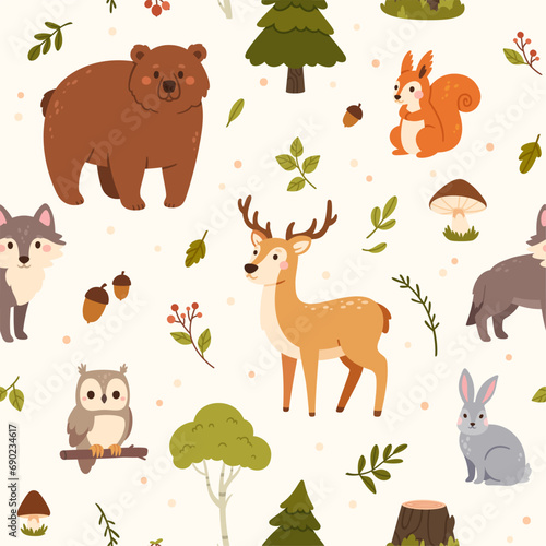 Forest animals seamless pattern. Woodland deer, hare and bear, wolf and owl, squirrel and mushrooms, acorns and green leaves, trees. Vector texture for kids wallpaper