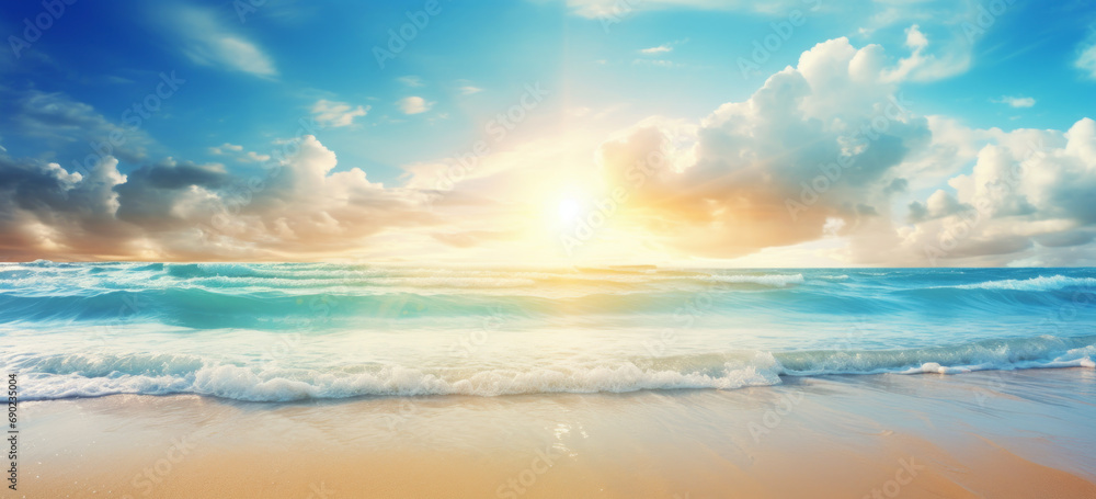 Fototapeta premium Sand With Blue Sea - Beach Summer Ocean Background With Glittering Sunlight.