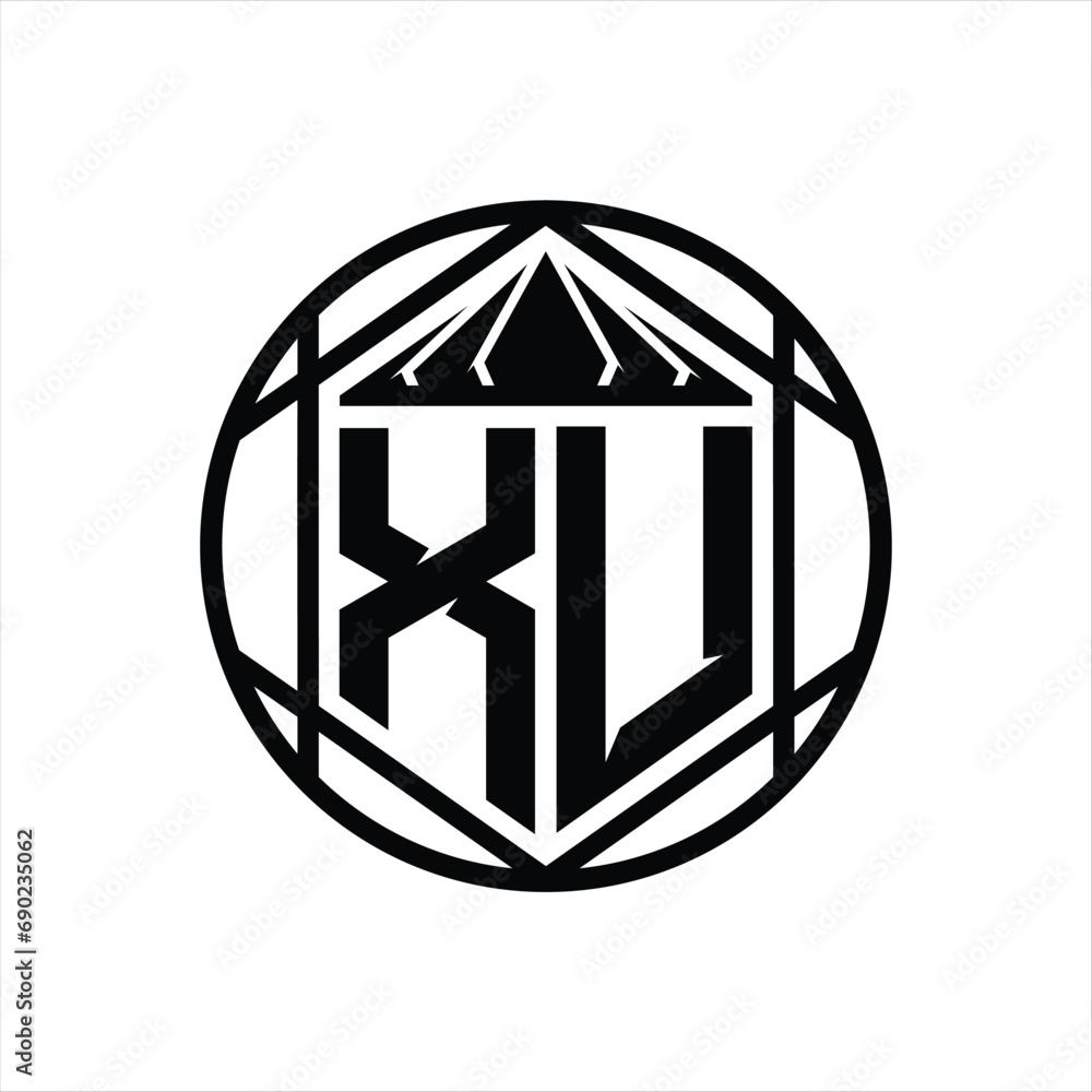 XU Letter Logo monogram hexagon slice crown sharp shield shape isolated circle abstract style design XU Letter Logo monogram hexagon slice crown sharp shield shape isolated circle abstract style design