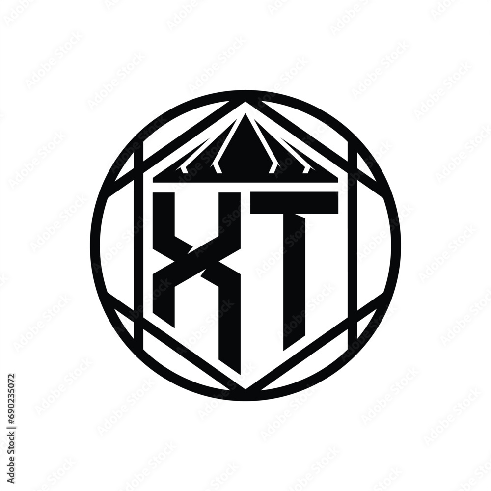 XT Letter Logo monogram hexagon slice crown sharp shield shape isolated circle abstract style design XT Letter Logo monogram hexagon slice crown sharp shield shape isolated circle abstract style design