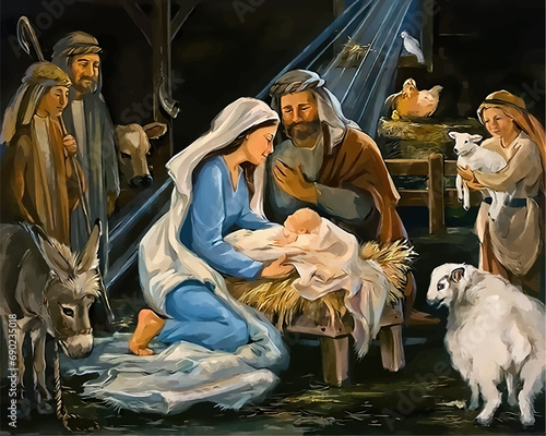 Mary and Joseph with the baby in the stable. Birth of Jesus Christ