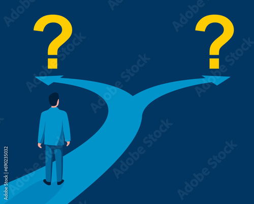 Question mark and road fork, confused businessman