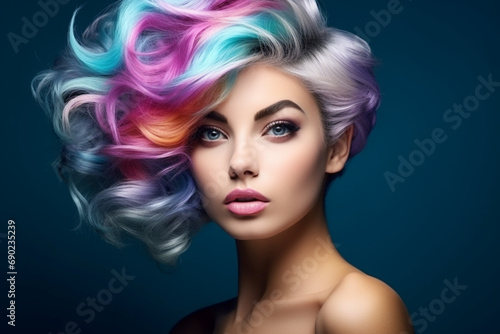 Beautiful woman with multi-coloured hair and creative make up and hairstyle