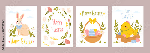 Happy Easter posters. Holiday greeting cards with bunny, spring snowdrop flowers, basket with Easter eggs and cute yellow chick. Vector banner set