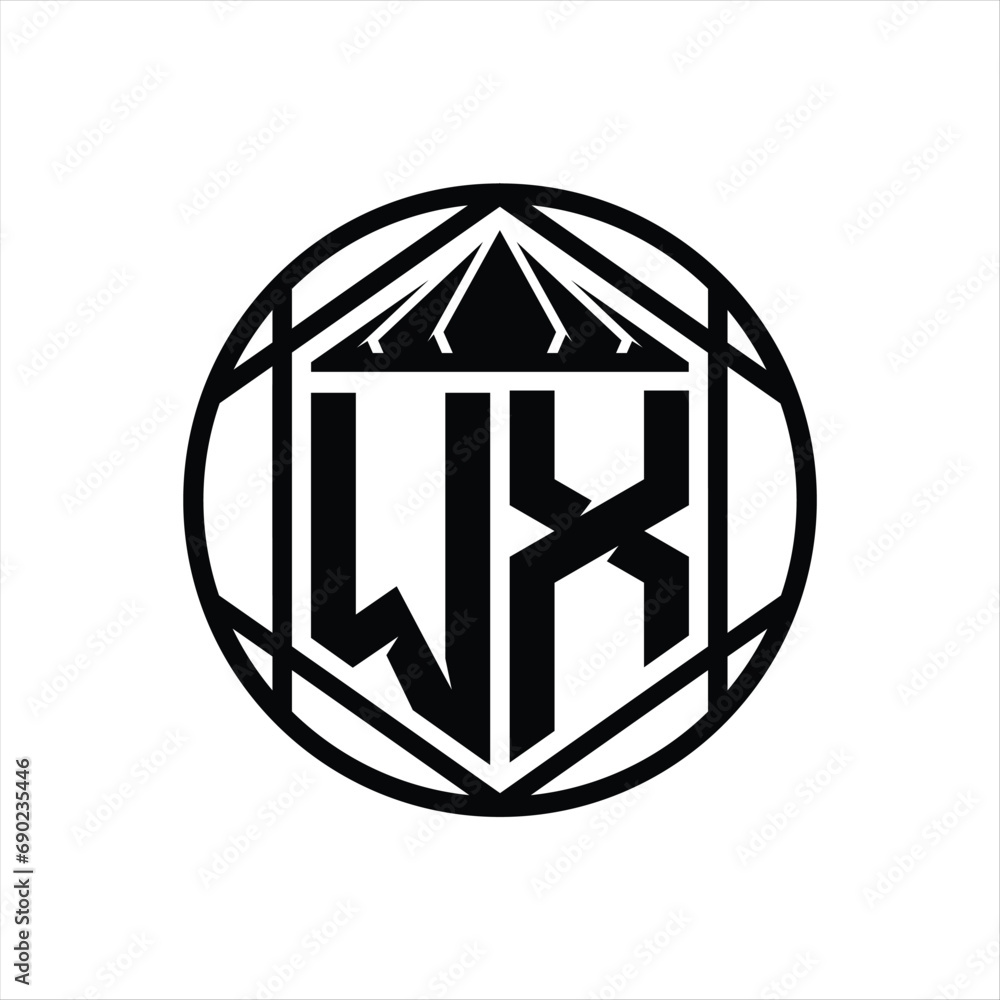 WX Letter Logo monogram hexagon slice crown sharp shield shape isolated circle abstract style design WX Letter Logo monogram hexagon slice crown sharp shield shape isolated circle abstract style design