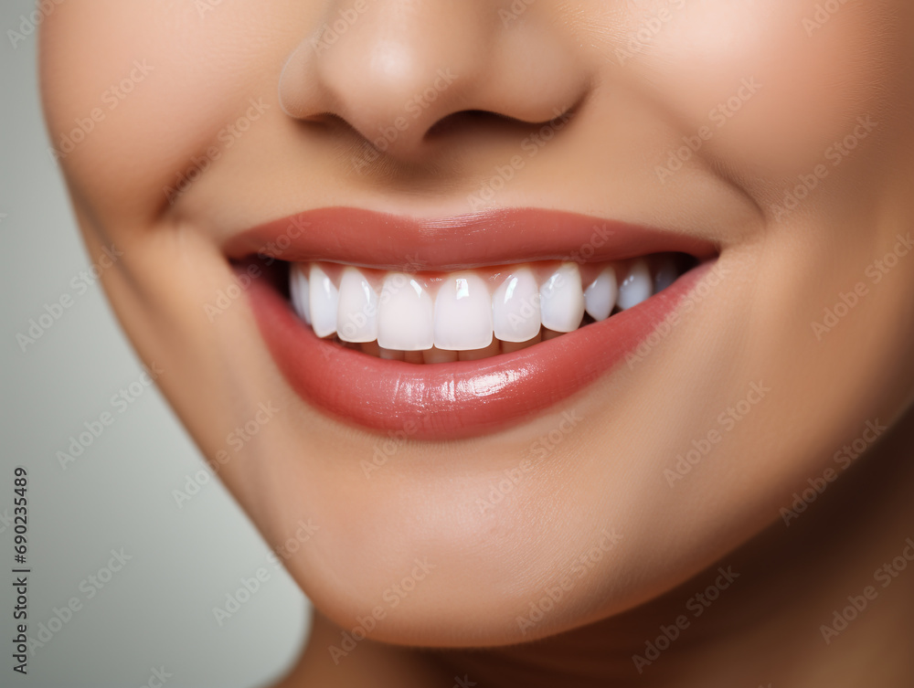 close-up of a woman's smile with straight white teeth, advertising dental procedures, prosthetics, teeth whitening close-up of a woman's smile with straight white teeth, advertising dental procedures, prosthetics, teeth whitening