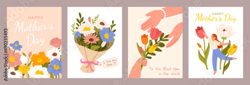 Happy Mothers day poster. Cards with flower bouquet, spring wildflowers, dancing woman and kid hand giving bouquet to mom. Vector greeting mothers Day card