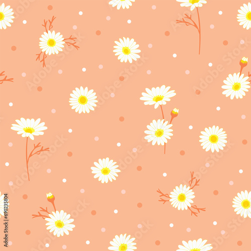 peach fuzz ditsy daisy seamless pattern. floral print polka dots background. good for fabric, fashion design, summer spring dress, pajama, textile, wallpaper, backdrop.