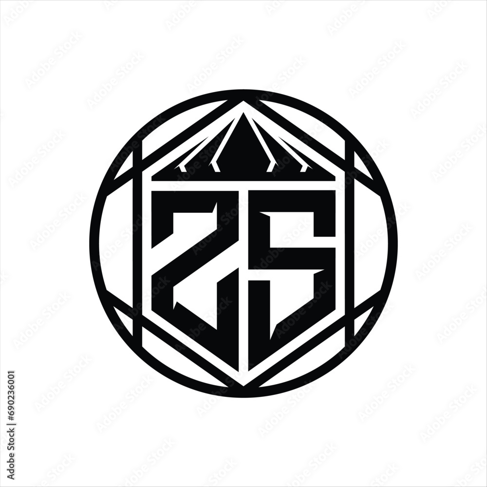 ZS Letter Logo monogram hexagon slice crown sharp shield shape isolated circle abstract style design ZS Letter Logo monogram hexagon slice crown sharp shield shape isolated circle abstract style design