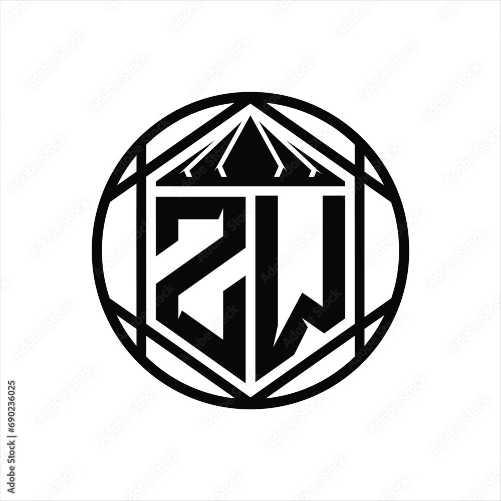 ZW Letter Logo monogram hexagon slice crown sharp shield shape isolated circle abstract style design ZW Letter Logo monogram hexagon slice crown sharp shield shape isolated circle abstract style design