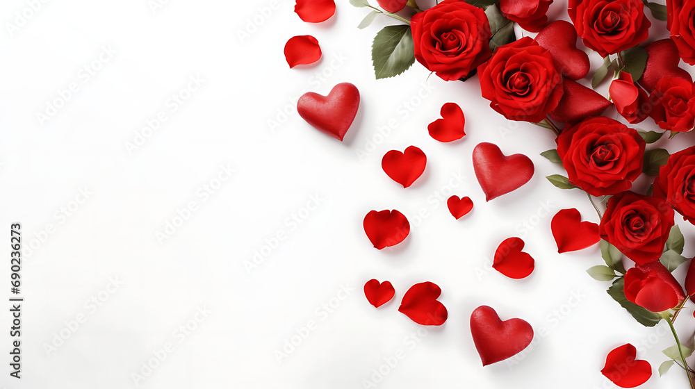 Bouquet of red roses and hearts on white background. Valentine's day, banner format. Place for text. Generative Ai Bouquet of red roses and hearts on white background. Valentine's day, banner format. Place for text. Generative Ai