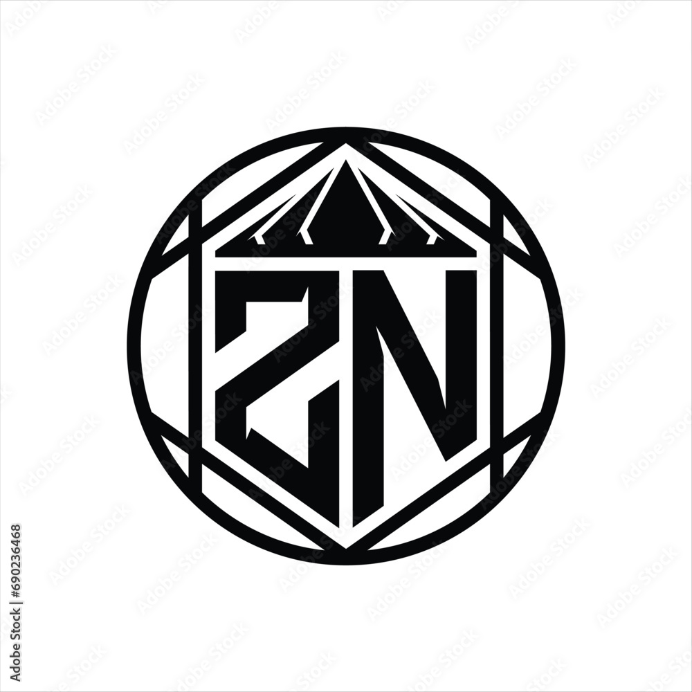 ZN Letter Logo monogram hexagon slice crown sharp shield shape isolated circle abstract style design ZN Letter Logo monogram hexagon slice crown sharp shield shape isolated circle abstract style design