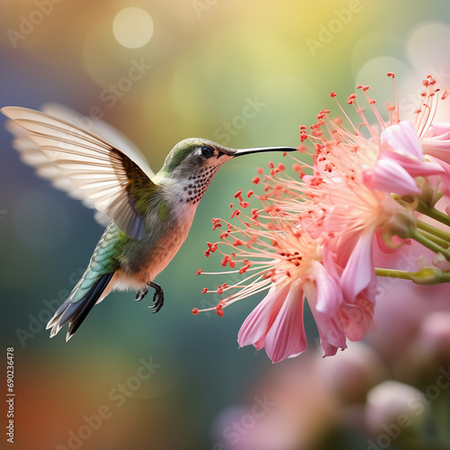Colibri coloré en vol butinant une fleur rose sur fond flou profondeur de champ photo