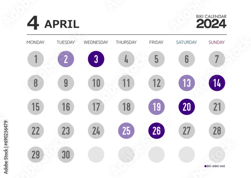 葬儀関係に必須の2024年4月の友引カレンダー 月曜始まり