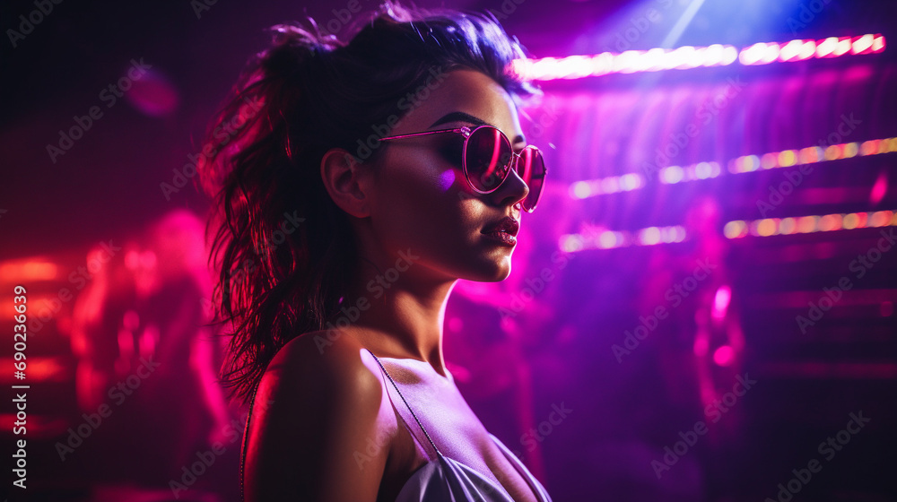 Captivating scene of girl in center of nightclub, illuminated by spotlight and laser lights, AI Generated