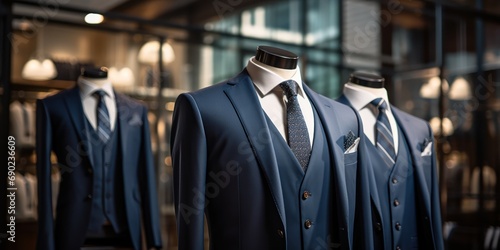 Dapper suits on mannequins showcase fine tailoring and elegance in men's fashion at a boutique.