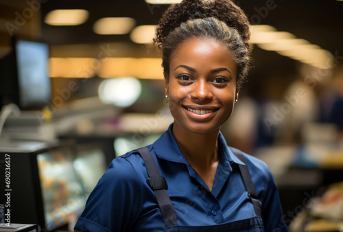 Black woman, entrepreneur and portrait with cash register for management, small business or leadership. Positive, confident and proud for retail, shop and service industry with grocery store backgrou photo