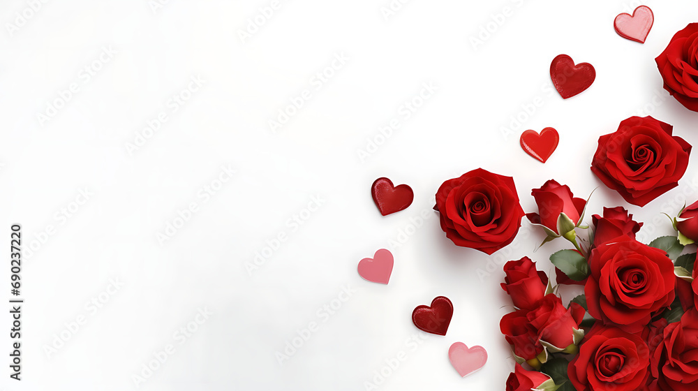 Bouquet of red roses and hearts on white background. Valentine's day, banner format. Place for text. Generative Ai